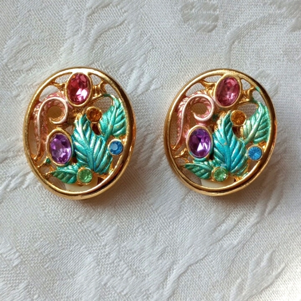 Vintage Gold and Royal Purple, green enamel floral Clip Earrings